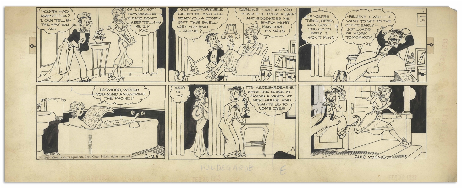 Chic Young Hand-Drawn ''Blondie'' Sunday Comic Strip From 1933 -- Blondie and Dagwood as Newlyweds, Just Days After Their Wedding